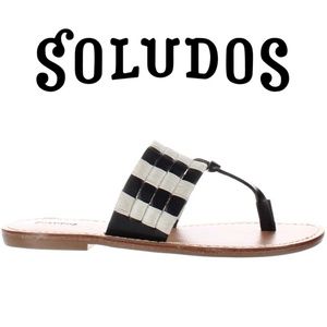 Soludos Black Leather White Flat T-strap Slide Sandals Womens Fashion Shoes 8.5